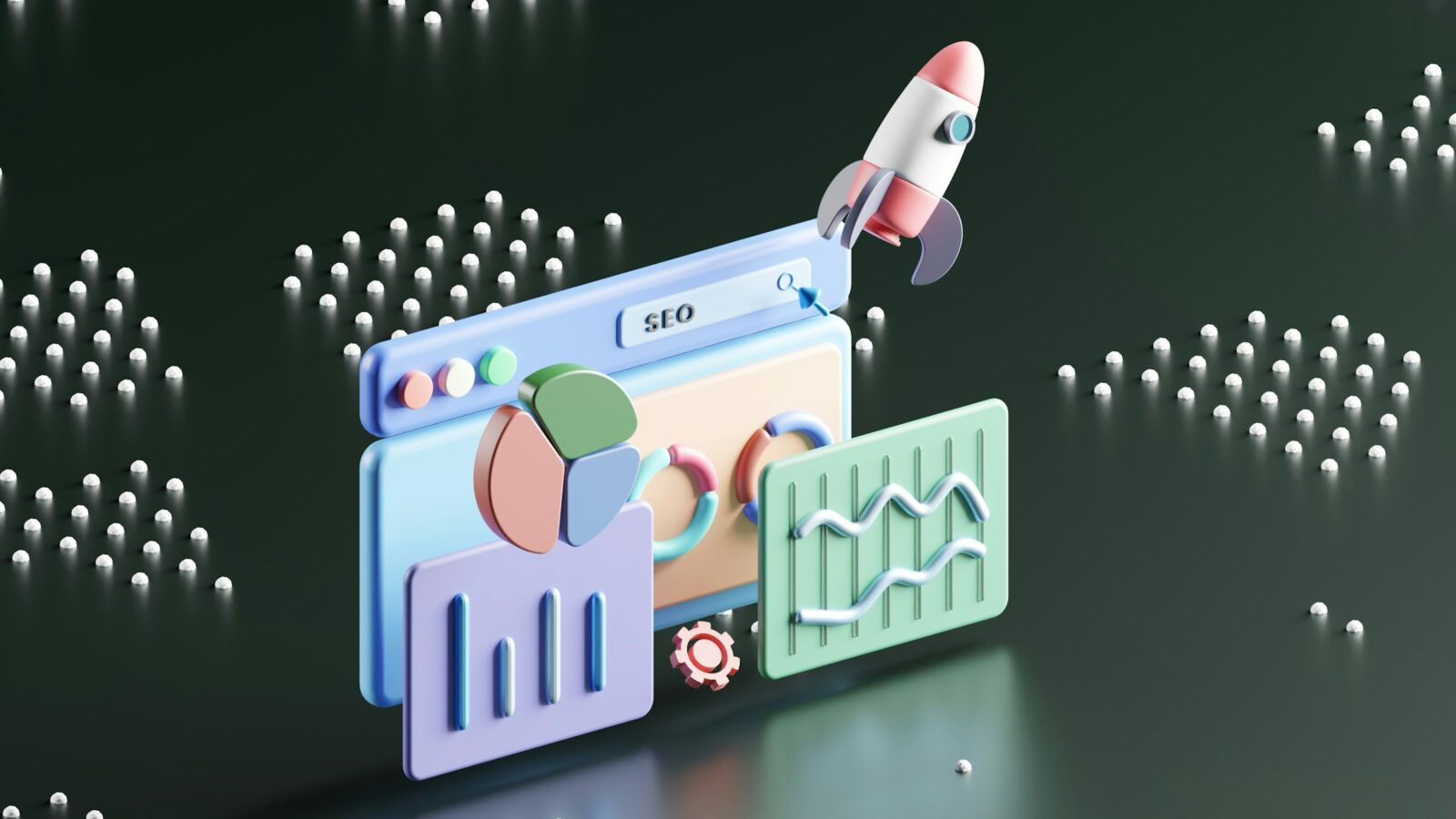 a computer screen showing seo analytics with a rocket on top of it