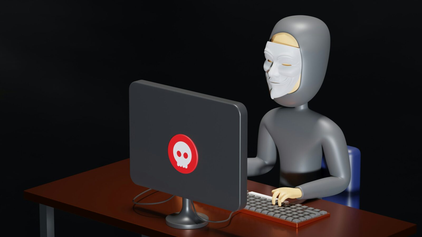 a hacker wearing a mask sitting at a desk with a computer